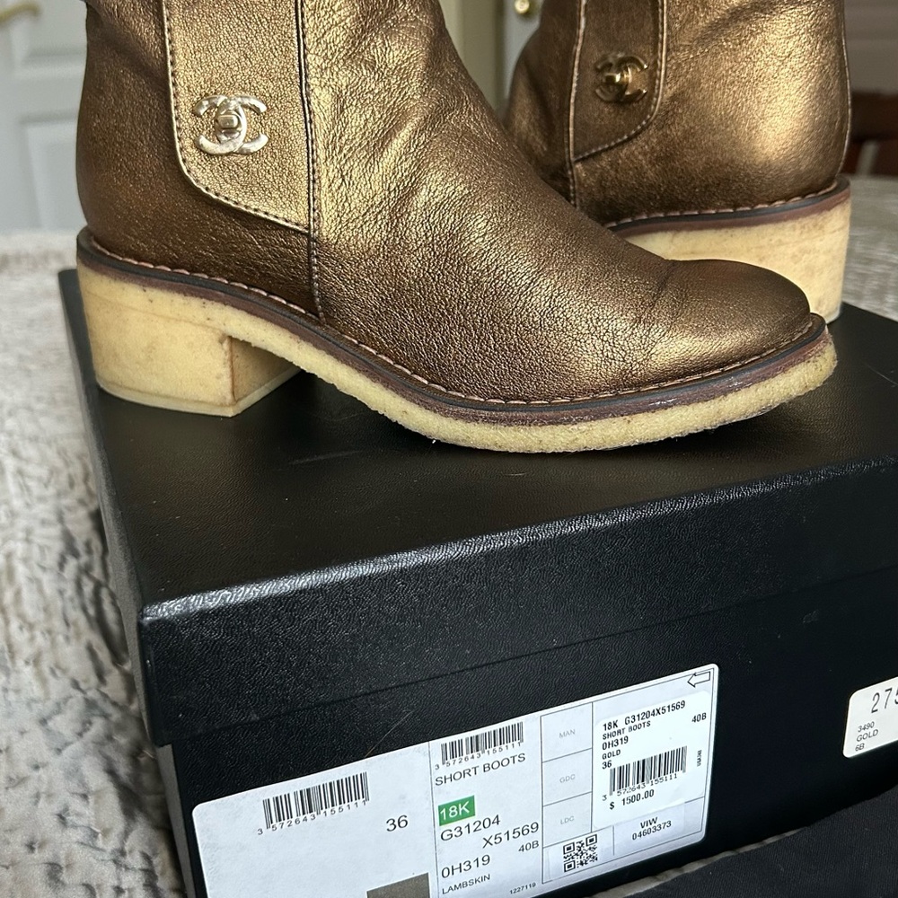 CHANEL Women's Metallic Gold Ankle Booties